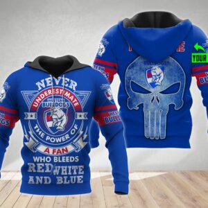 Western Bulldogs AFL 3D Hoodie with Personalized Never Underestimate Skull and Custom Name All Over Printed Hoodie 1